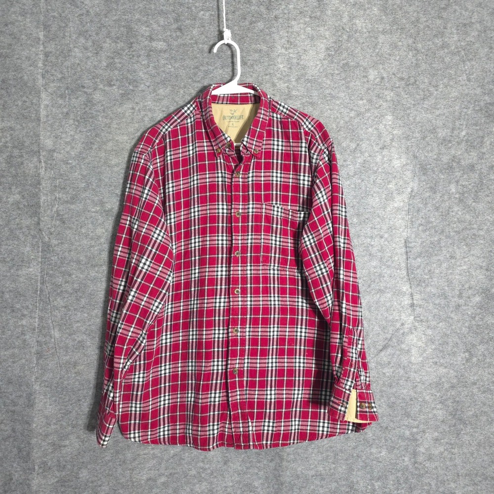 Outdoor Life Campside Flannel Mens XL Red Plaid Button Down Shirt Cotton Rugged